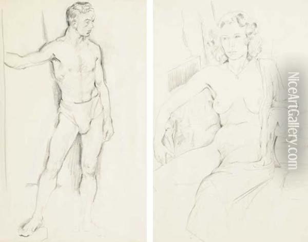 Seated Female Nude And Standing Male Nude Oil Painting - Mainie Harriet Jellett