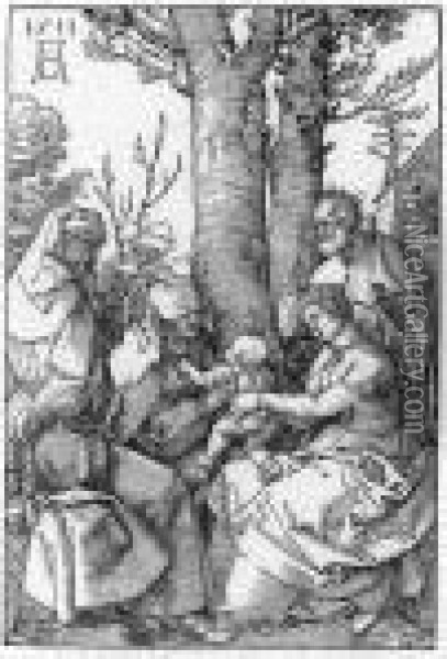 The Holy Family With Joachim And Anna Under A Tree (b. 96; M., Holl. 215) Oil Painting - Albrecht Durer