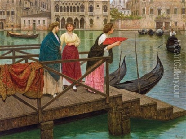 Waiting For The Gondola, Venice (ca D'oro (house Of Gold) On The Grand Canal, Venice) Oil Painting - Luigi Pastega