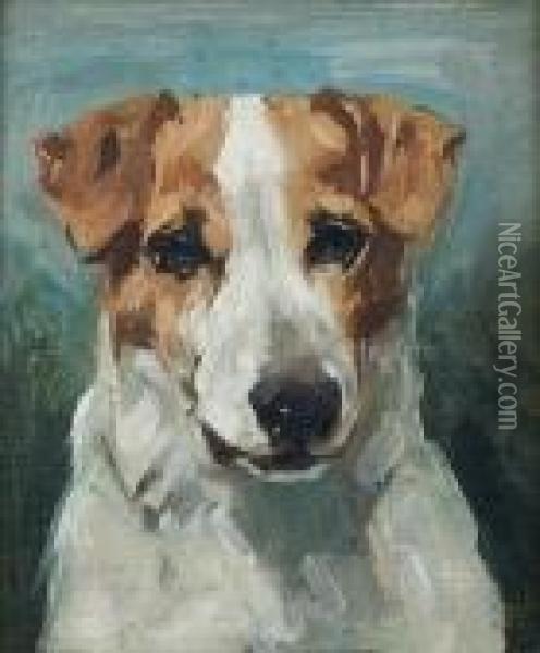 Portrait Of A Black And White Terrier;portrait Of A Brown And White Terrier Oil Painting - John Emms