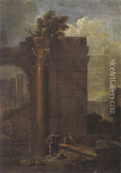 Rastende Vor Antiken Ruinen Oil Painting - Charles-Louis Clerisseau