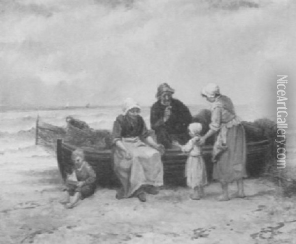 Fisherfolk Resting By Their Boat Oil Painting - Georges Jean Marie Haquette