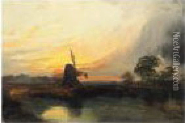A Windmill At Sunset Oil Painting - Henry Bright