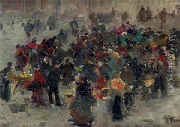 Figures On The Market Place Oil Painting - Lucien Frank