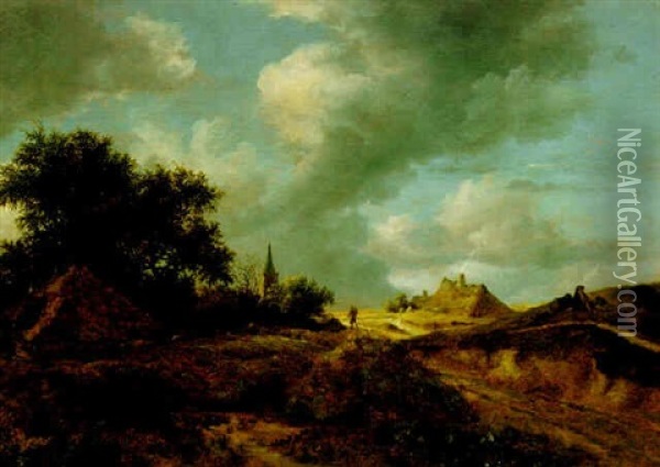 A Dune Landscape With Figures By The Side Of A Path, Thatched Cottages And A Church In The Distance Oil Painting - Jacob Van Ruisdael