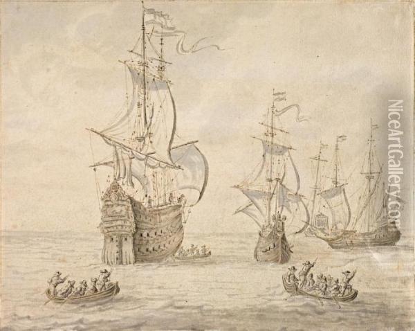 Segelschiffe Undzubringerboote Oil Painting - Abraham Storck