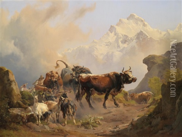 Almabtrieb Oil Painting - Johann Nepomuk Rauch