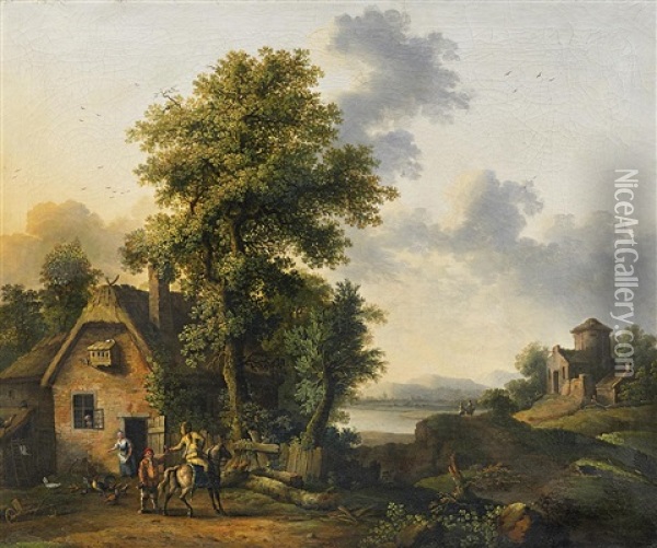 Flusslandschaft Mit Bauernhaus Und Reiter Oil Painting - Jacob Philipp Hackert