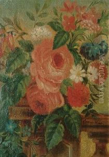 Still Life Of Flowers On A Balustrade Oil Painting - Hermina Van Der Haas