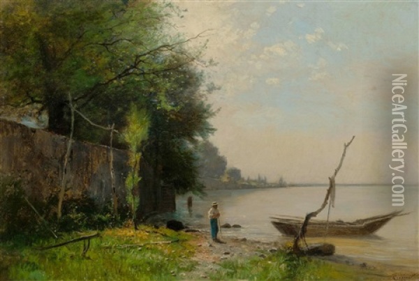 Lake Geneva With Fisherman On The Shore Oil Painting - Gustave Castan