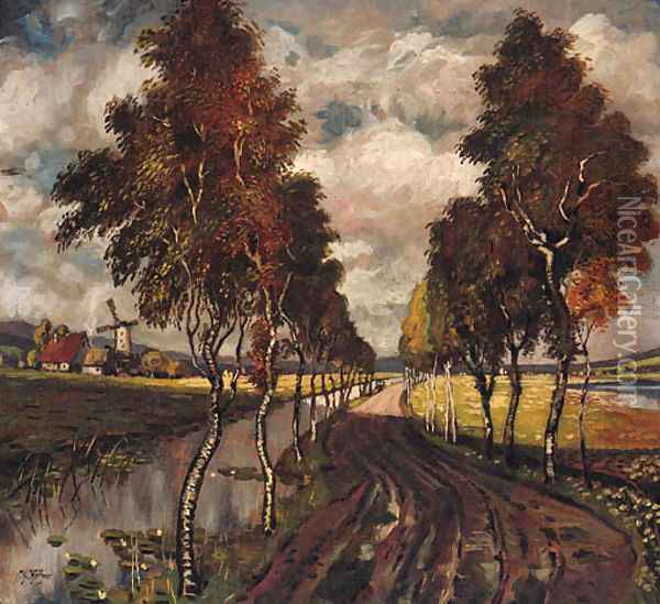 A Country Track lined with Poplars Oil Painting - Karl Heffner