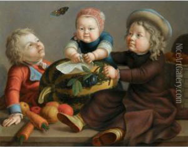A Group Portrait Of The Artist's Three Sons, Seated On A Stone Ledge With Fruit Oil Painting - Johann Heinrich Suhrland
