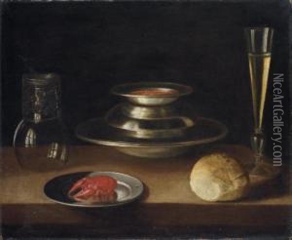 Bread, A Carafe Of Wine, An Upturned 
Roemer
 And A Crayfish On A Plate With A Bowl Of Soup And Glass Of Wine Oil Painting - Sebastien Stoskopff