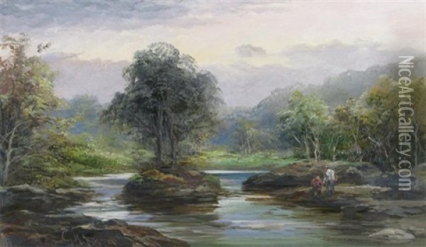 River Landscape (+ Anohter; Pair) Oil Painting - George Henry Jenkins