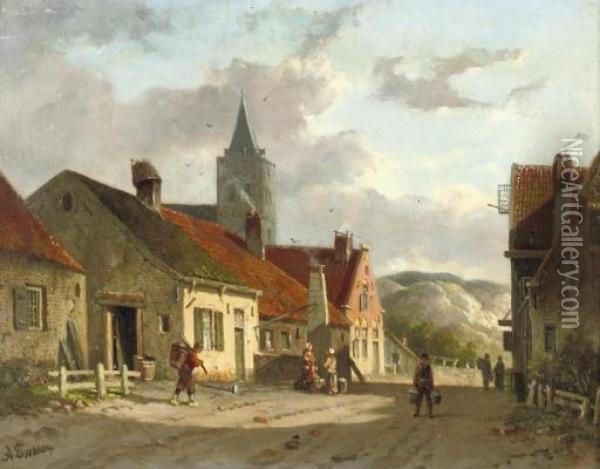 Daily Activities In A Sunlit Dutch Town Oil Painting - Adrianus Eversen