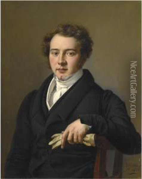Portrait Of A Young Man, Half Length, Wearing Black Jacket Andholding A Pair Of Gloves Oil Painting - Josef Bartholomeus Vieillevoye