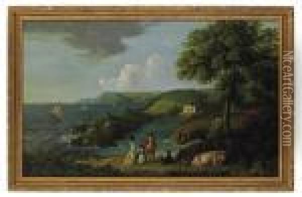 A Coastal Landscape With A Classical House Oil Painting - Thomas Mitchell