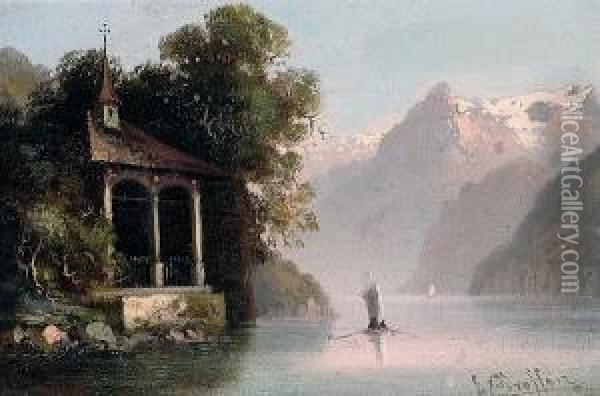 An Alpine Lake Scene Oil Painting - Hubert Sattler