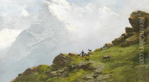 Hochgebirgspartie Mit Bauerin Und Ziegen. Oil Painting - Giacinto Bo