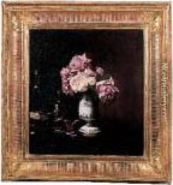 Bouquet De Roses Dans Un Vase En Faience Oil Painting - Edouard Dantan