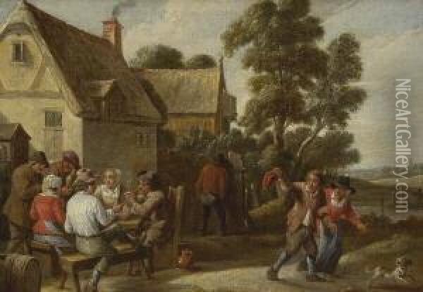 Zechende Bauern Vor Der
 Dorfschenke. Oil Painting - David The Younger Teniers