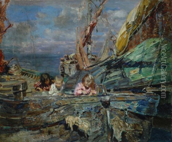 Bambini Sulla Barca Oil Painting - Beppe Ciardi
