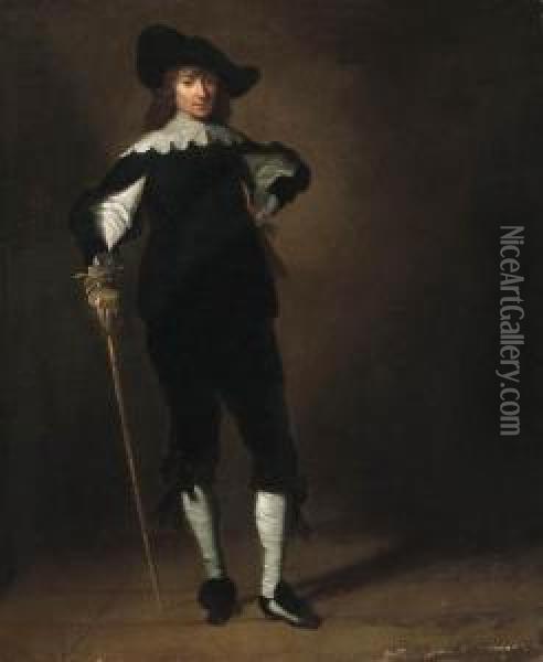 A Cavalier, Standing Small Full Length Oil Painting - Pieter Codde