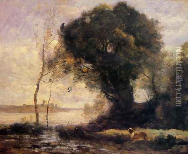 Pond with Dog Oil Painting - Jean-Baptiste-Camille Corot