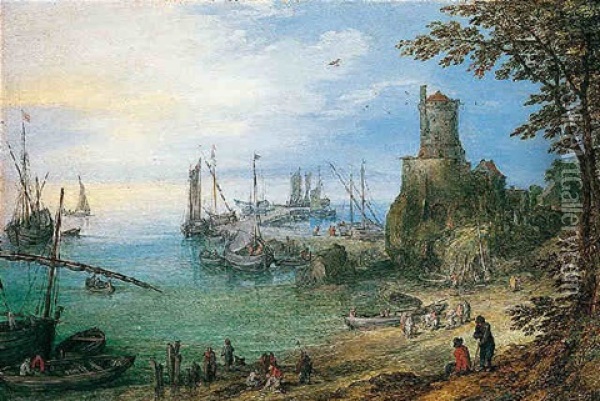 A Harbour Scene Overlooked By A Watchtower With Fishermen Unloading Their Catch Oil Painting - Jan Brueghel the Elder