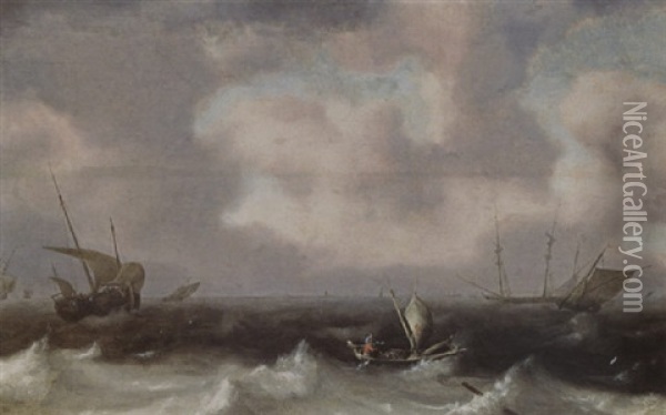 Fishing Boats In Stormy Seas, A Distant View Of A Town Oil Painting - Hendrick Van Anthonissen