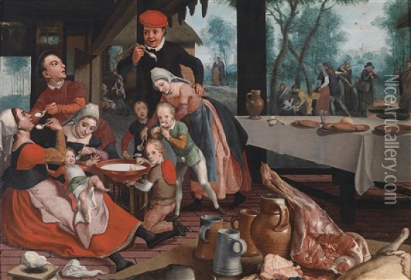 Eine Familie Beim Essen Von Milchreis Oil Painting - Pieter Pietersz