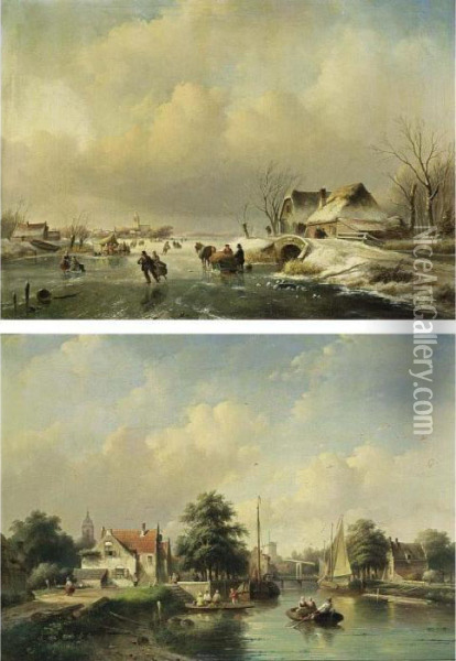 Skaters On The Ice Near A 'koek En Zopie'; Villagers In A Boat On A Summer Day (a Pair) Oil Painting - Jan Jacob Coenraad Spohler