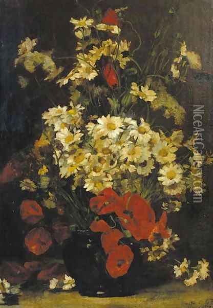 A still life with poppies and daisies Oil Painting - Denis Pierre Bergeret