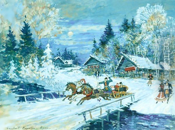 Troika In Winter Landscape Oil Painting - Konstantin Alexeievitch Korovin