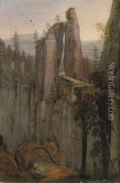 A Bridge In The Sachsische Schweiz, Germany Oil Painting - Ernst Ferdinand Oehme