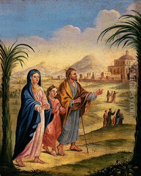 Die Hl. Familie Vor Hugeliger Landschaft Mit Tempelansicht Oil Painting - Isfried Jaud