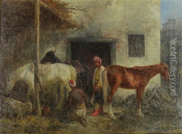 At Blacksmith's In Caucasus Village, 1883 Oil Painting - Theodor Ilich Baikoff