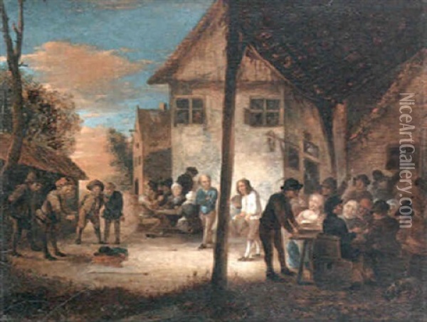 A Courtyard Scene At The Swann Inn With Peasants Carousing And Playing Bowls Oil Painting - Gerrit Lundens