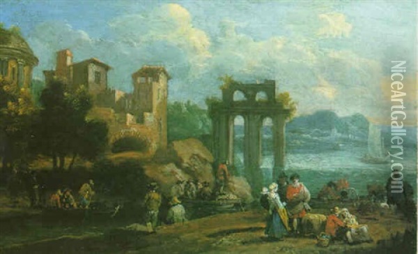 Landscape With Figures Resting Near Ruins, A Lake With Boats Beyond Oil Painting - Pieter Bout