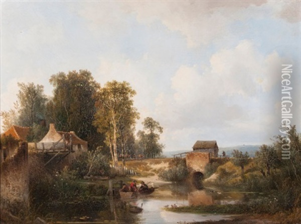 Landschaft Mit Fischern Auf Einem Teich Oil Painting - Johannes Wernardus Bilbers