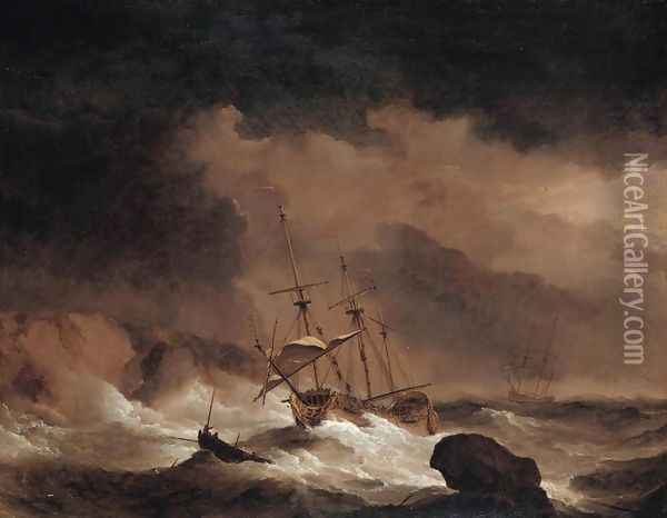 An Indiaman In A Gale Off A Rocky Coast Oil Painting - Willem van de Velde the Younger
