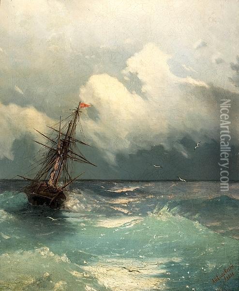 A Two-masted Ship On Rough Seas Oil Painting - Ivan Konstantinovich Aivazovsky