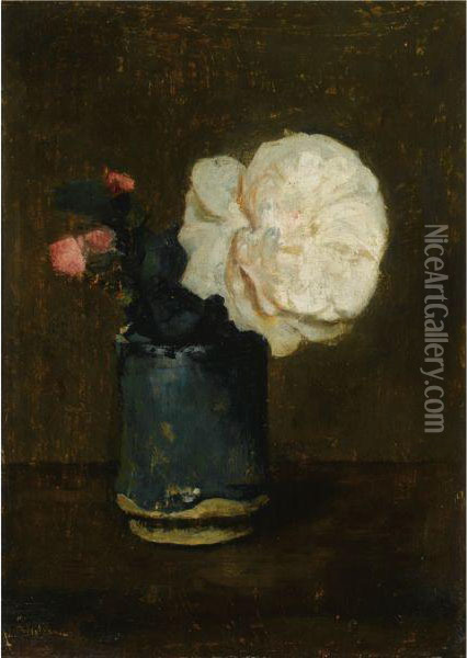 A Still Life With Roses In A Green Vase Oil Painting - Floris Arntzenius