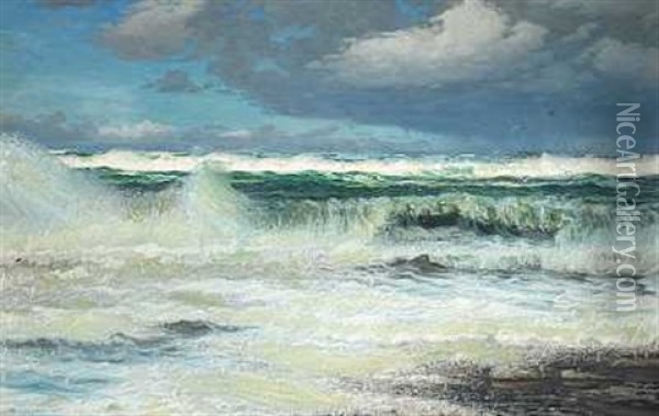 Udsigt Over Havet, I Horisonten En Damper Oil Painting - Viggo Lauritz Helsted
