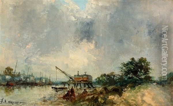 Sommerliche Flussuferpartie Mit Kran Und Schiffen Oil Painting - Jean Etienne Karnec