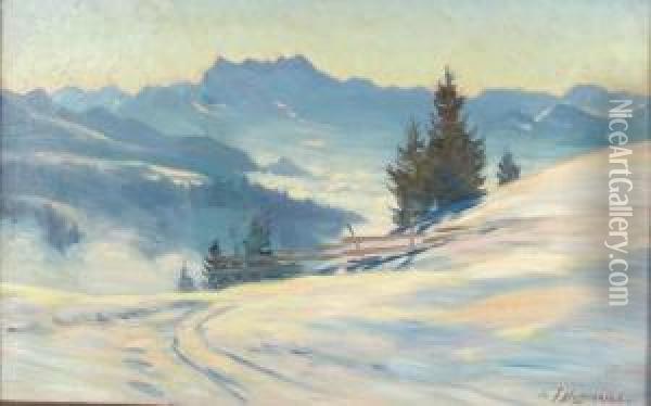 Winterliche Gebirgslandschaft Mit Den Dents Du Midi. Oil Painting - Fritz Edouard Huguenin-Lassauguette