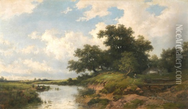 Baumbestandene Flusslandschaft Mit Figurenstaffage Oil Painting - Remigius Adrianus van Haanen