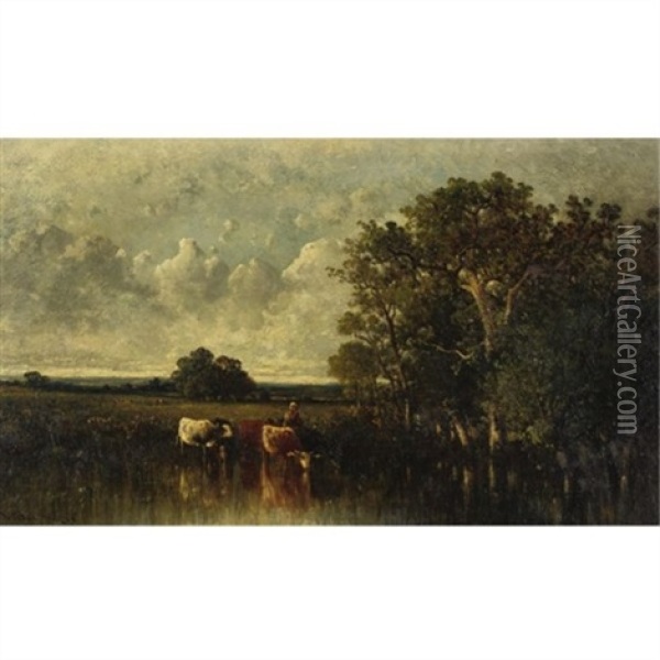 Cattle Watering At A Pond Oil Painting - Leon Victor Dupre