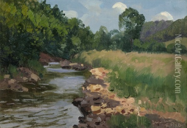 Sommertag An Einem Flusslauf Bei Bad Brambach In Sachsen Oil Painting - Hans (Johann Wilhelm) Olde