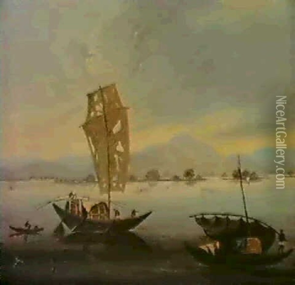 A View Of The Ganges With Dhows Oil Painting - Charles (Sir) D'Oyly